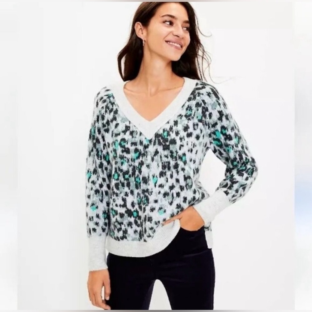 LOFT Wool Blend V-Neck Animal Print Fuzzy Sweater